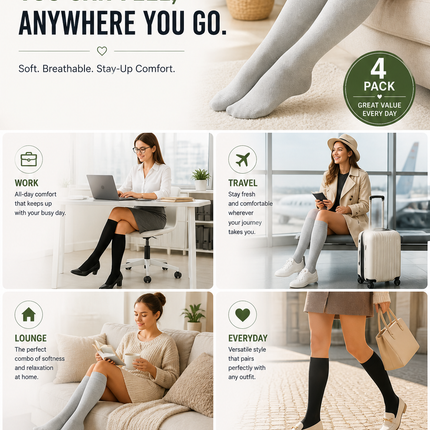 Women’s Bamboo Knee-High Socks 4-Pack – Soft & Breathable