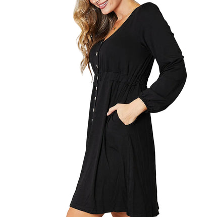 Garden Naked Women's Casual Dress Button-Down Shirt Dress Blue Soft Long Sleeve Fake Button Relaxed Fit Scoop Neckline