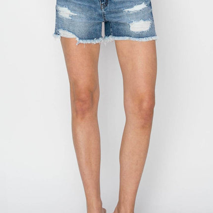 RISEN Stepped Waist Frayed Denim Women Shorts