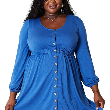 Garden Naked Women's Casual Dress Button-Down Shirt Dress Blue Soft Long Sleeve Fake Button Relaxed Fit Scoop Neckline
