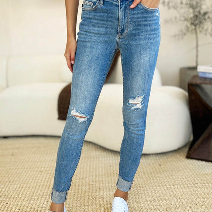 Judy Blue Full Size Mid Rise Destroy & Cuff Skinny Women Jeans