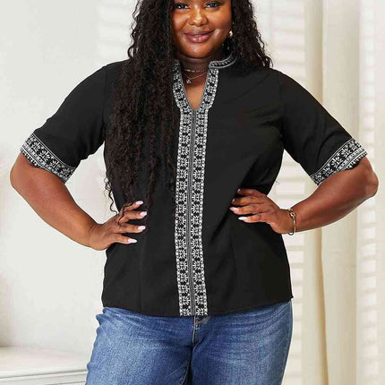 Double Take Embroidered Notched Neck Women Top