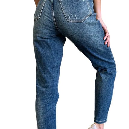 Womens Plus Size High-Waisted Skinny Jeans in Medium Blue Denim with Full Length, Button and Zipper