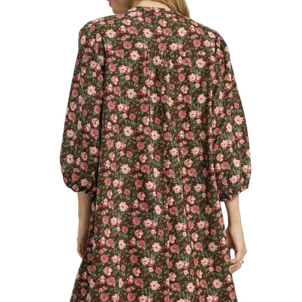 Womens Casual Swing Dress Vintage Floral Print Babydoll Style Puff Sleeve Mini Brown Pink Garden Party Dress