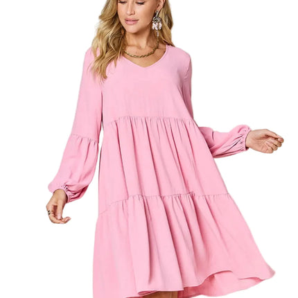 Garden Naked Women's Casual Dress Babydoll Tiered Dress with Pockets Long Sleeve Ruffle Hem Soft Cotton Blend Loose Fit