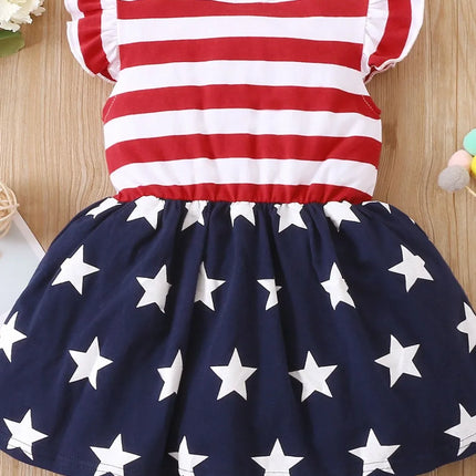 Striped & Stars Ruffled Round Neck Cap Sleeve Dress