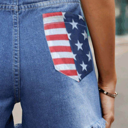 American Flag Raw Hem Denim Shorts with Pockets