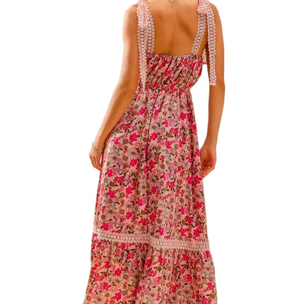 Womens Casual Maxi Dress Floral Print Lace Trim Square Neck Ruffle Hem Sleeveless Summer Pink Sundress