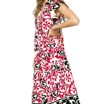 Printed Ruffled Cap Sleeve Midi Dress