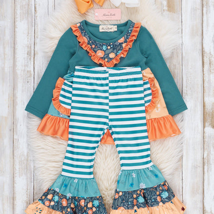 Cobalt & Orange Floral Stripe Bell Bottoms Outfit