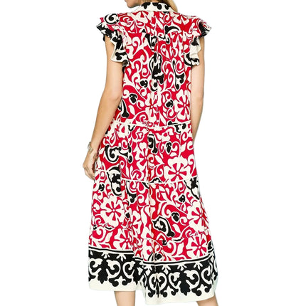 Printed Ruffled Cap Sleeve Midi Dress