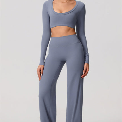 The Nestle Long Sleeve Crop Top Straight Leg Pants 2-Piece Set