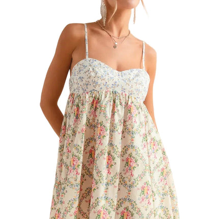 Garden Naked Womens Casual Sundress Floral Print Smocked Empire Waist Spaghetti Strap Babydoll Mini Dress White Pink