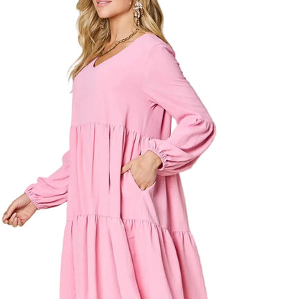 Garden Naked Women's Casual Dress Babydoll Tiered Dress with Pockets Long Sleeve Ruffle Hem Soft Cotton Blend Loose Fit