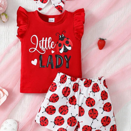 Children's Headband, Round Neck Ruffle Sleeve Top and Pants Set