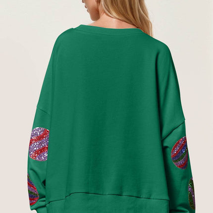 Double Take Christmas Element Sequin Round Neck Long Sleeve Women Sweatshirt