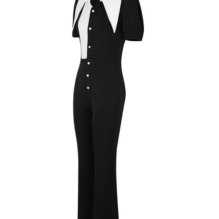 Black/White Fashionable Button-Down Wide Leg Jumpsuit