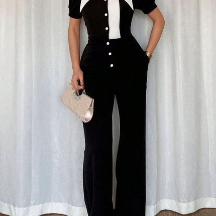 Black/White Fashionable Button-Down Wide Leg Jumpsuit