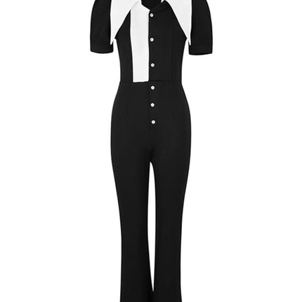 Black/White Fashionable Button-Down Wide Leg Jumpsuit