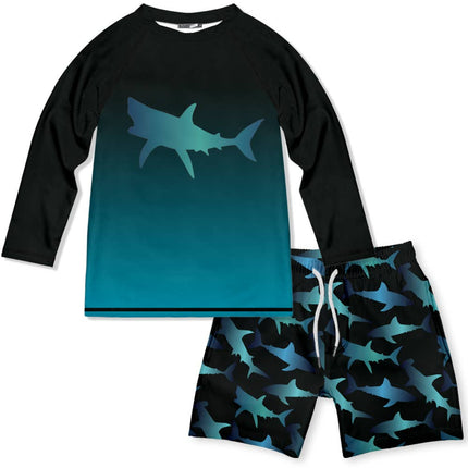 Boys Black Shark Long-Sleeve Rashguard Swimsuit