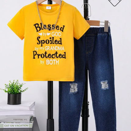 Children's Round Neck Letter Graphic T-Shirt and Distressed Jeans Set