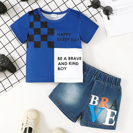 Children's Letter Round Neck Top and Denim Shorts Set