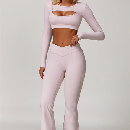 The Lavish Long Sleeve Cut-out Crop Top Flared Leggings 2-Piece Set