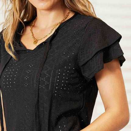 Double Take Eyelet Tie-Neck Flutter Sleeve Women Blouse