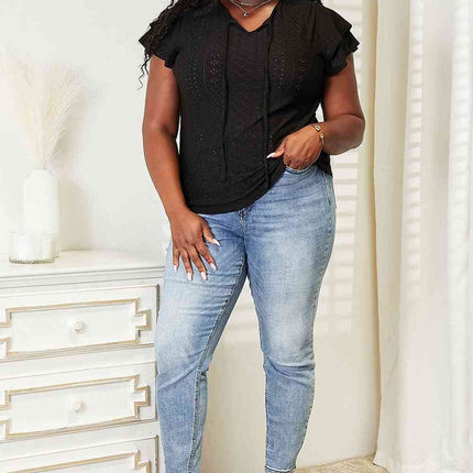 Double Take Eyelet Tie-Neck Flutter Sleeve Women Blouse
