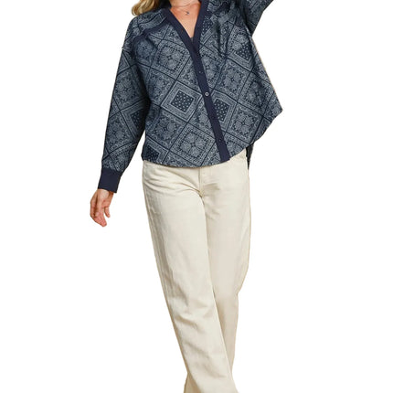 Garden Naked Womens Casual Denim Jacket Boho Bandana Print Oversized Button Down Collared Dark Blue Streetwear Top