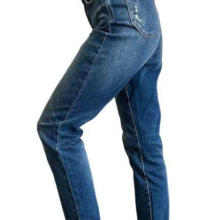 Womens Plus Size High-Waisted Skinny Jeans in Medium Blue Denim with Full Length, Button and Zipper