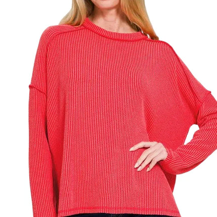 Full Size Exposed Seam Long Sleeve Corded Rib Knit Top Plus Size