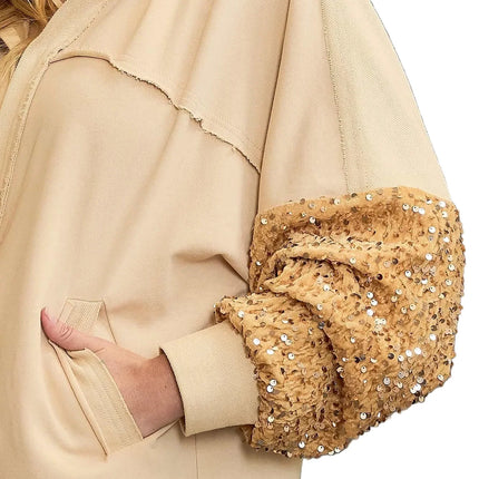 Garden Naked Womens Casual Bomber Jacket Sequin Embellished Hooded Cardigan Sparkly Beige Evening Party