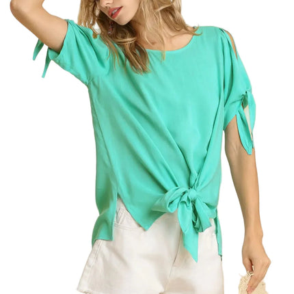 Cold Shoulder Short Sleeve Round Neck Top with Side Slits and Tie-able Knot Details