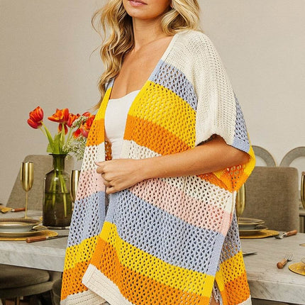 BiBi Openwork Striped Open Front Knit Women Cardigan