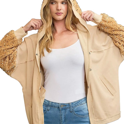Garden Naked Womens Casual Bomber Jacket Sequin Embellished Hooded Cardigan Sparkly Beige Evening Party