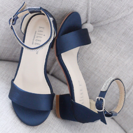 Satin Girls Block Heel Sandals with Mini Rhinestones Embellished Ankle Strap
