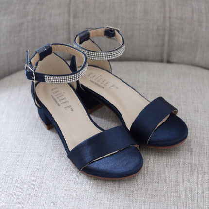Satin Girls Block Heel Sandals with Mini Rhinestones Embellished Ankle Strap