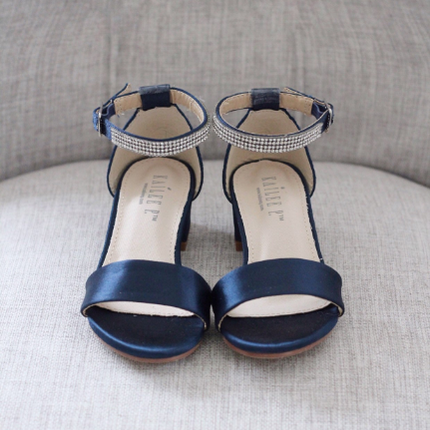 Satin Girls Block Heel Sandals with Mini Rhinestones Embellished Ankle Strap