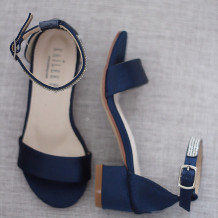 Satin Girls Block Heel Sandals with Mini Rhinestones Embellished Ankle Strap