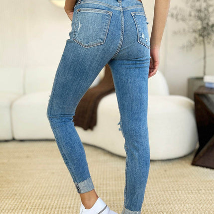 Judy Blue Full Size Mid Rise Destroy & Cuff Skinny Women Jeans