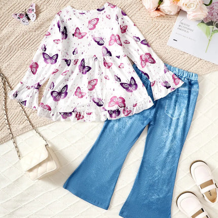 Children's Butterfly Print Top and Flare Pants Set