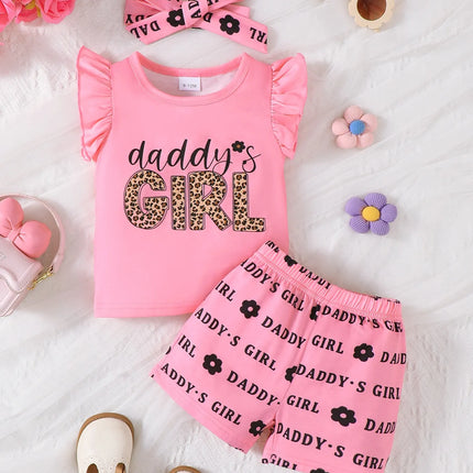 Children's Headband Letter Ruffle Sleeve Top and Shorts 3-Piece Set