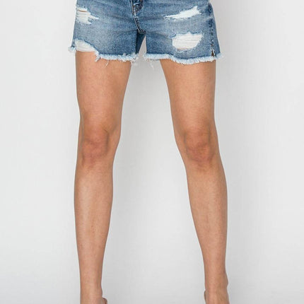 RISEN Stepped Waist Frayed Denim Women Shorts