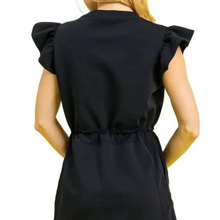 Garden Naked Womens Casual Mini Dress Elegant Ruffled Cap Sleeve Black Drawstring Waist Modern Statement Piece