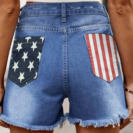 American Flag Raw Hem Denim Shorts with Pockets