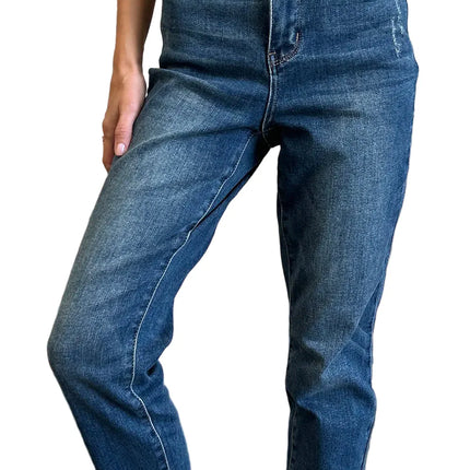 Womens Plus Size High-Waisted Skinny Jeans in Medium Blue Denim with Full Length, Button and Zipper