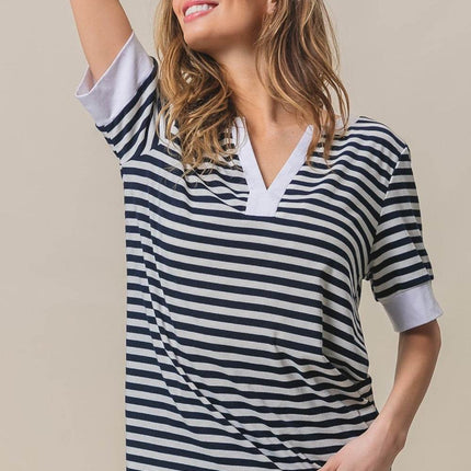 BiBi Contrast Striped Notched Knit Women Top