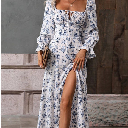 Flowers Printing Long Sleeve Dress Fashion Square-neck Bottom Slit