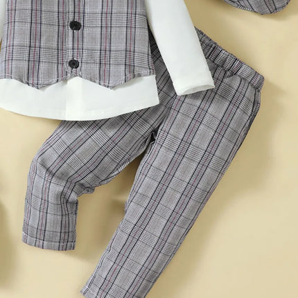 Hat, Long Sleeve Shirt, Plaid Vest and Pants 4-Piece Set
